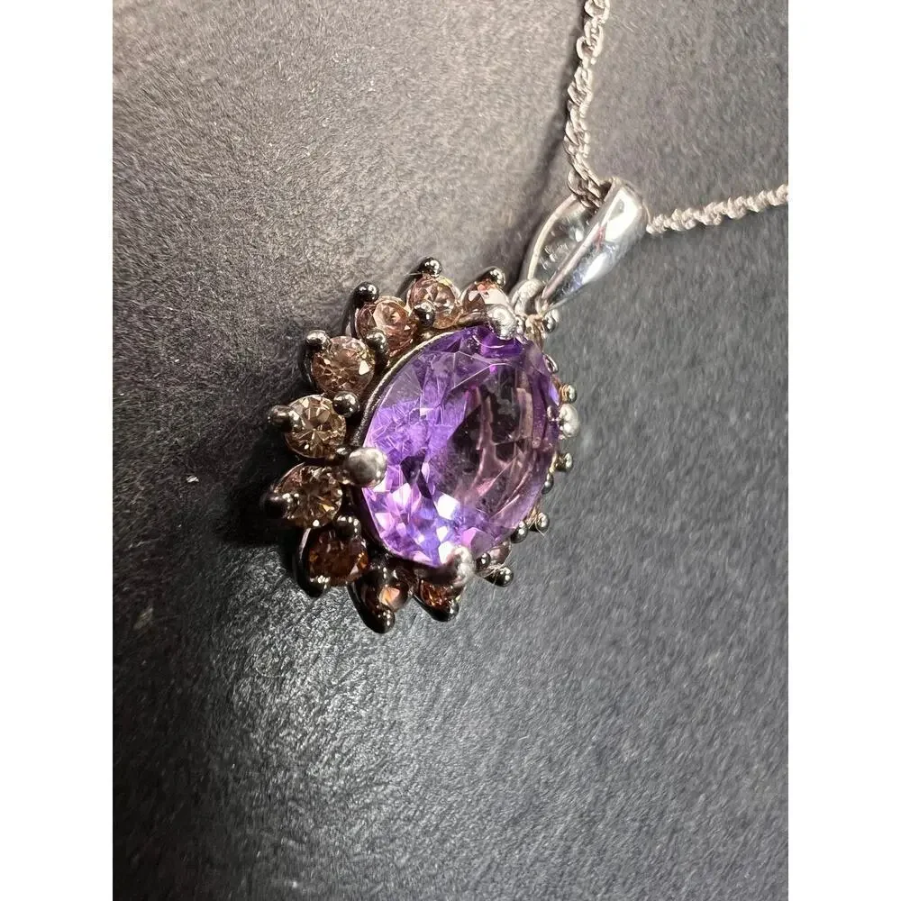 NEW amethyst and brown zircon halo pendant in sterling silver with vintage chain